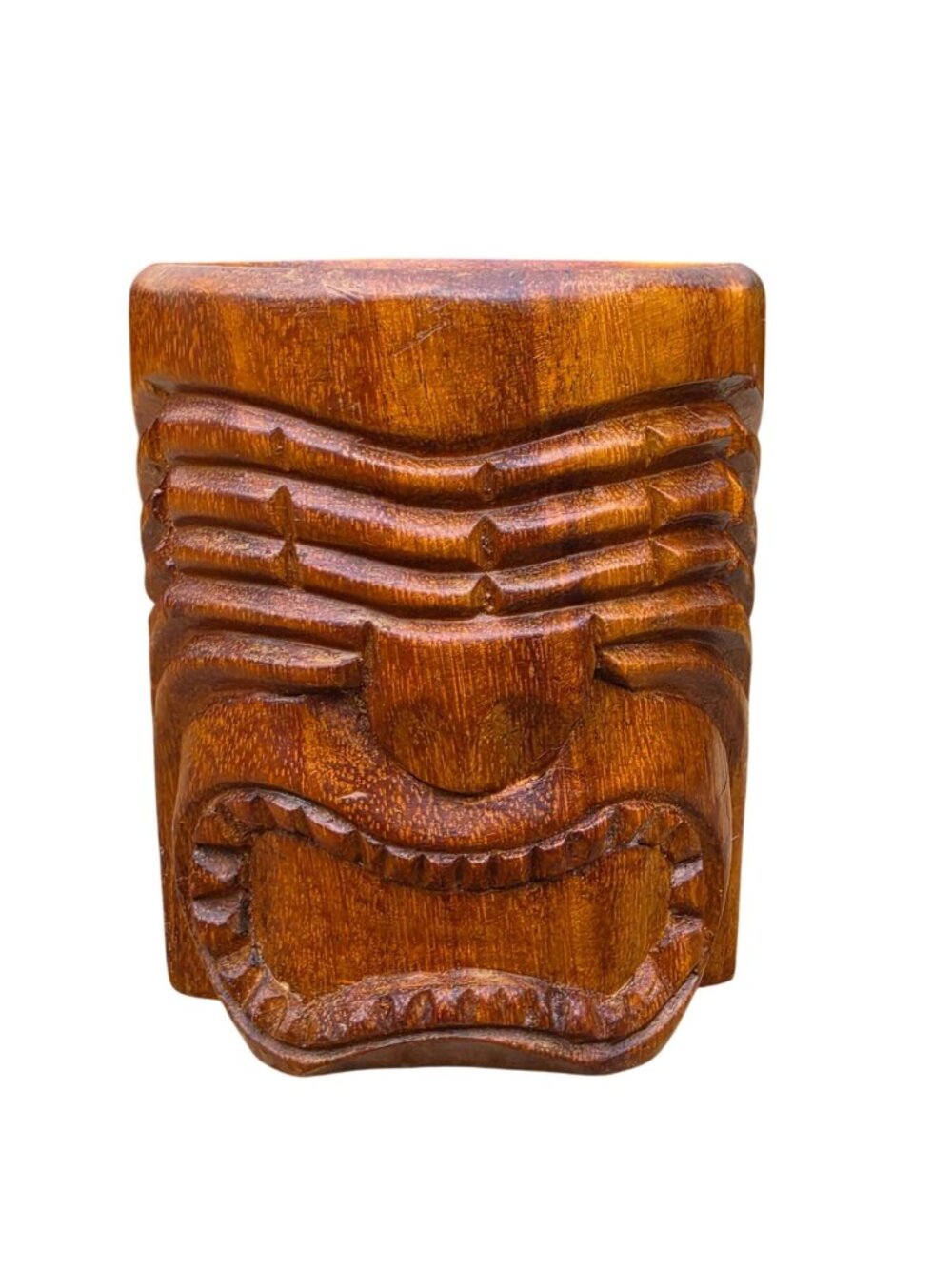 Vintage Hand Carved Wood Tiki Mug Monkey Pod Barware Mid Century Boho 5"